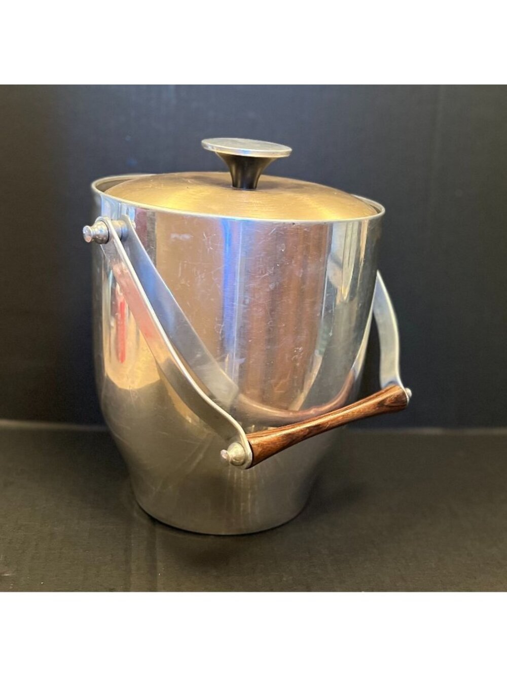 Ice Bucket Vintage Mid-Century Modern Italy Aluminum With Lid Teak Handle